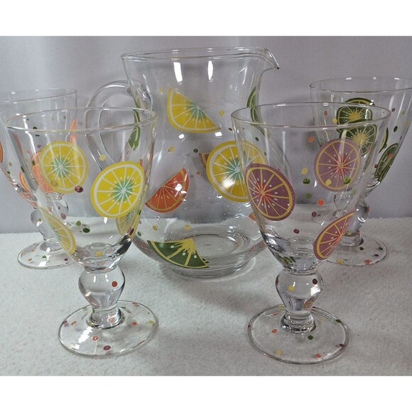 Vintage 5pc Juice Set Pitcher & 4 Glasses Citrus Fruit Lemon Lime Orange Grapefr - Picture 1 of 11